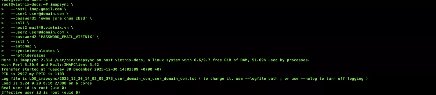 Chạy lệnh imapsync