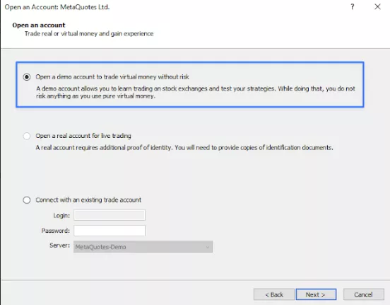 Tích chọn Open a demo account to trade virtual money without risk