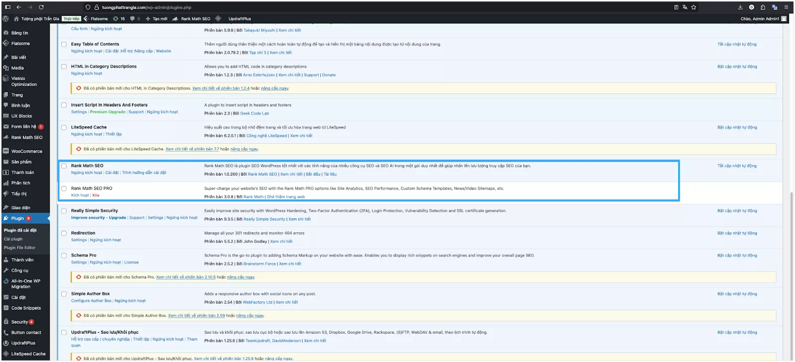 Cập nhật phiên bản Rank Math SEO (Miễn phí)  