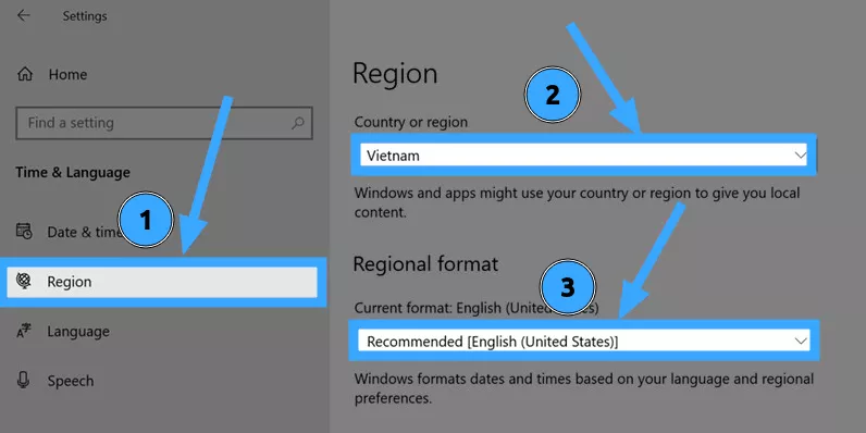 Thiết lập đúng khu vực địa lý 