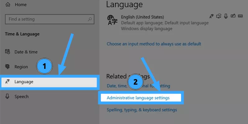 Chọn Administrative language settings 