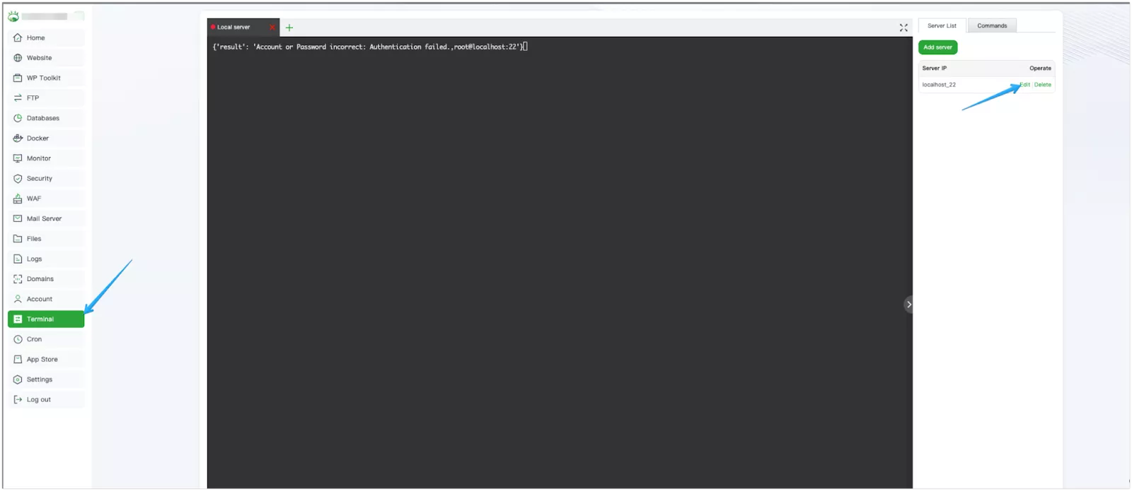 Hướng dẫn xử lý lỗi Login Failed vào Terminal trên aaPanel chi tiết 15 Chọn Terminal và Edit