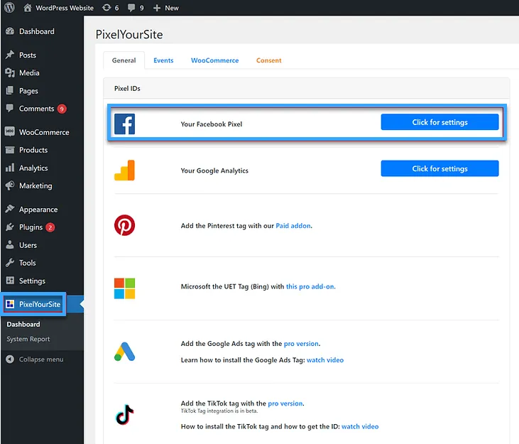 Click for settings nằm bên cạnh Your Facebook Pixel