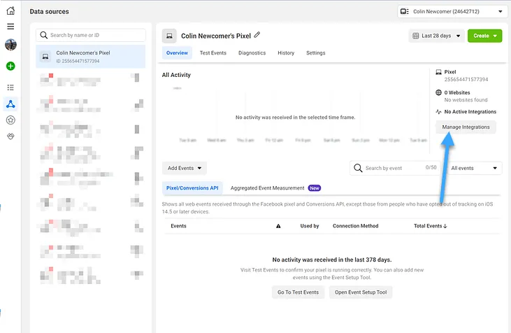 Để truy cập đoạn mã tích hợp, hãy nhấp chuột vào mục Manage Integrations