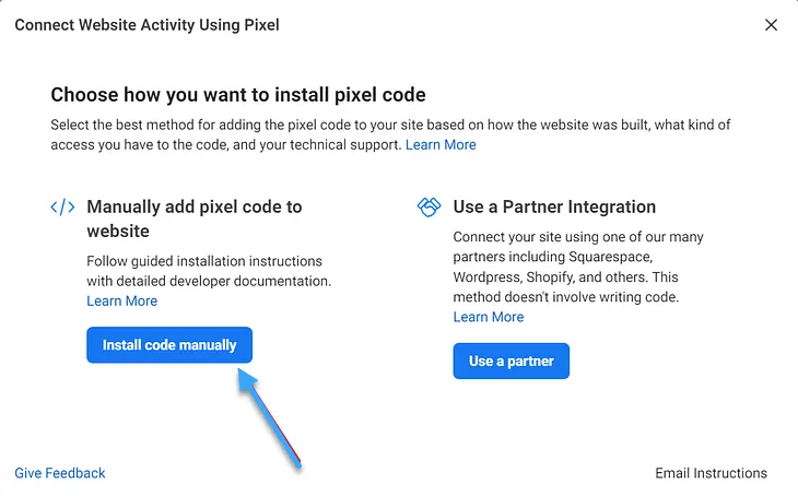 Người dùng nhấn vào tùy chọn Install code manually