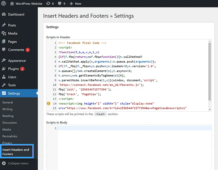 Thêm mã theo dõi Facebook Pixel vào phần WordPress
