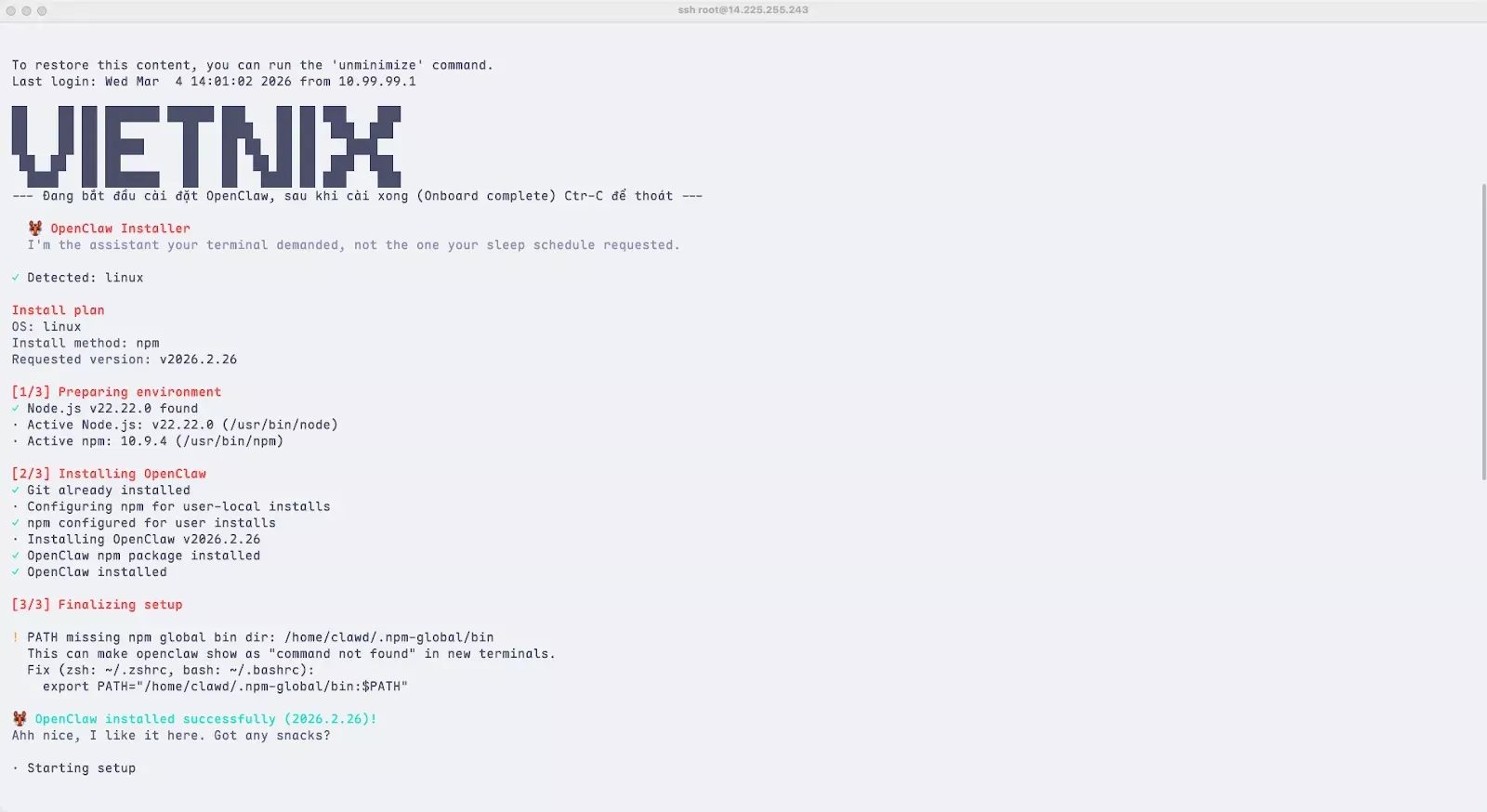 Giao diện bắt đầu cài đặt OpenClaw