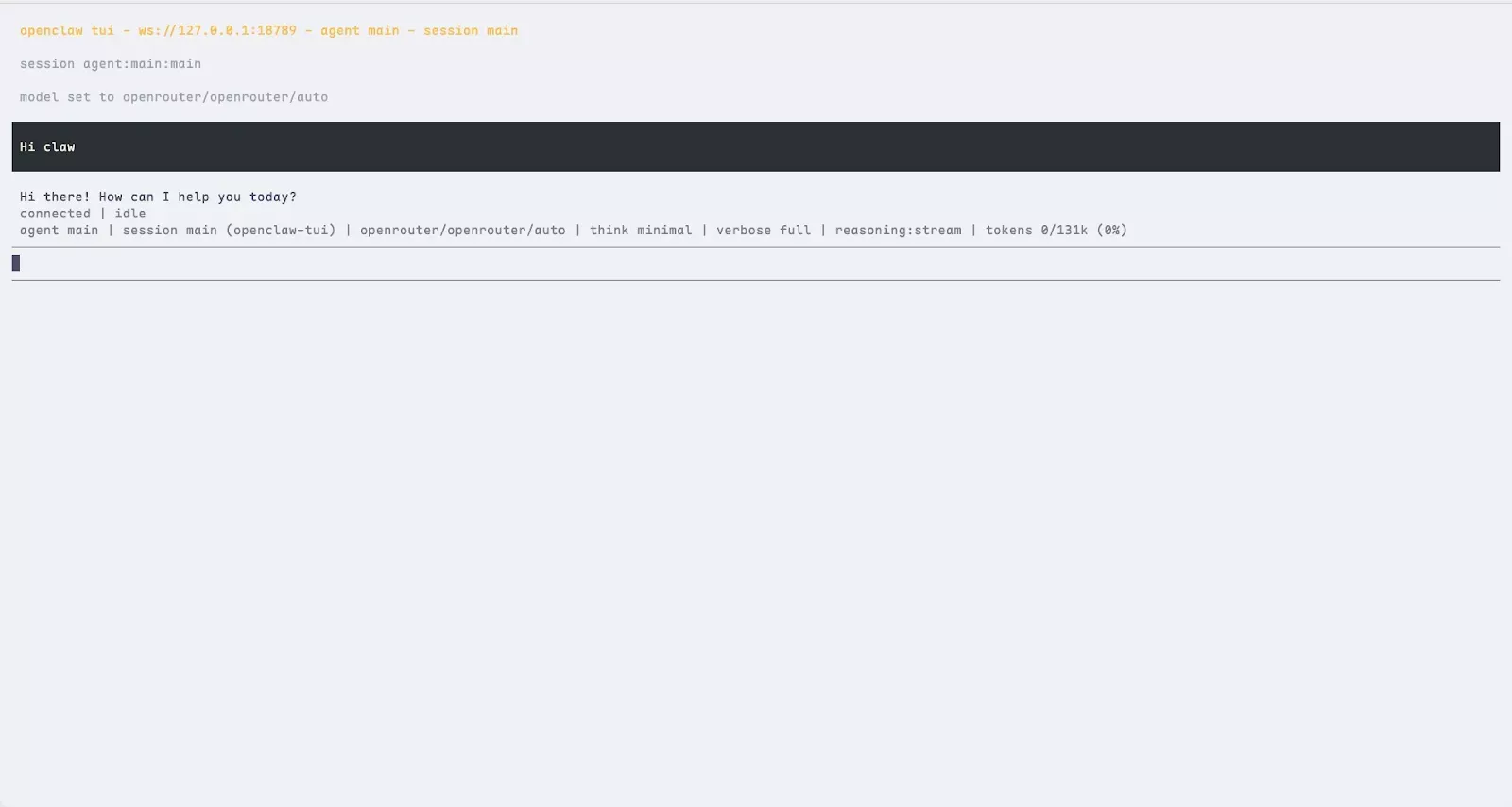 Dùng lệnh openclaw tui để mở giao diện chat trực tiếp với agent