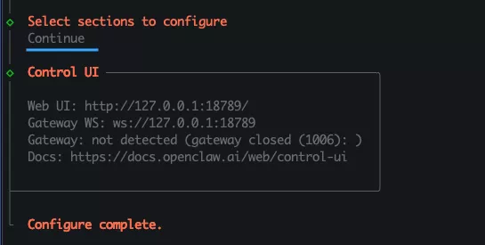 Chọn Continue tại Select sections to configure sau khi cấu hình 