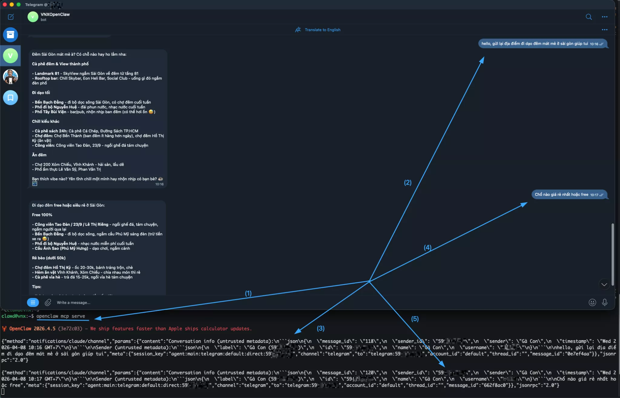 MCP server đã nhận được các tin nhắn từ người dùng 
