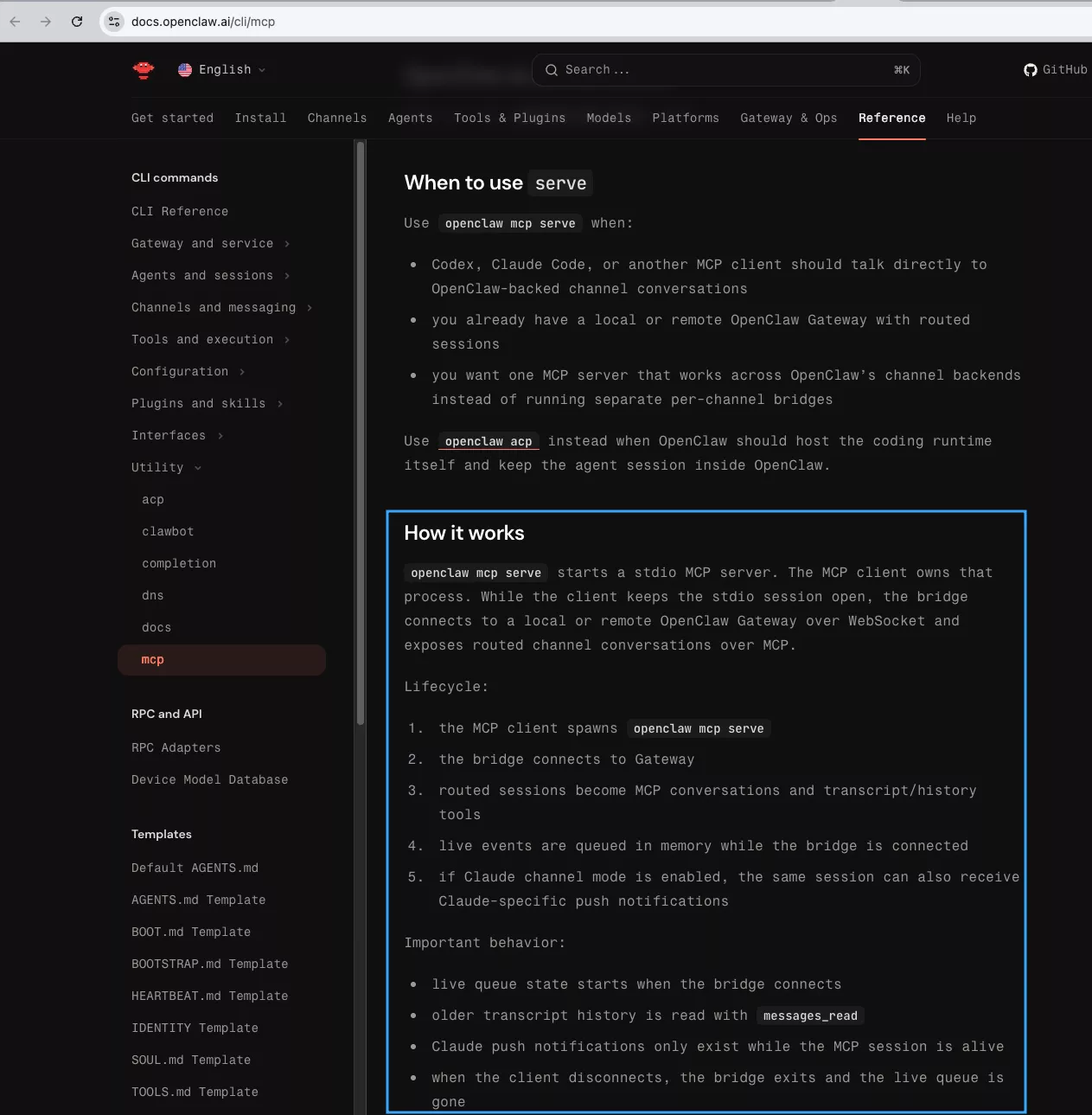 Tài liệu OpenClaw giải thích về lệnh openclaw mcp serve 