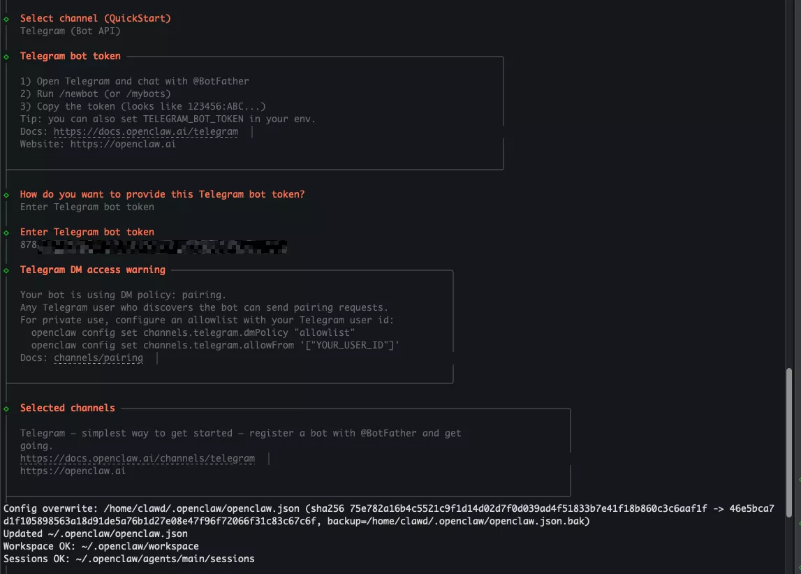 Hướng dẫn kết nối OpenClaw với Telegram sử dụng Google Gemini để tạo chatbot AI 36 Điền Telegram Bot Token