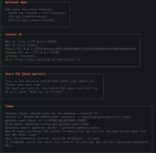 Hướng dẫn kết nối OpenClaw với Telegram sử dụng Google Gemini để tạo chatbot AI 38 OpenClaw tự động chạy các phần Optional apps, Control UI, Start TUI (best option!), Token