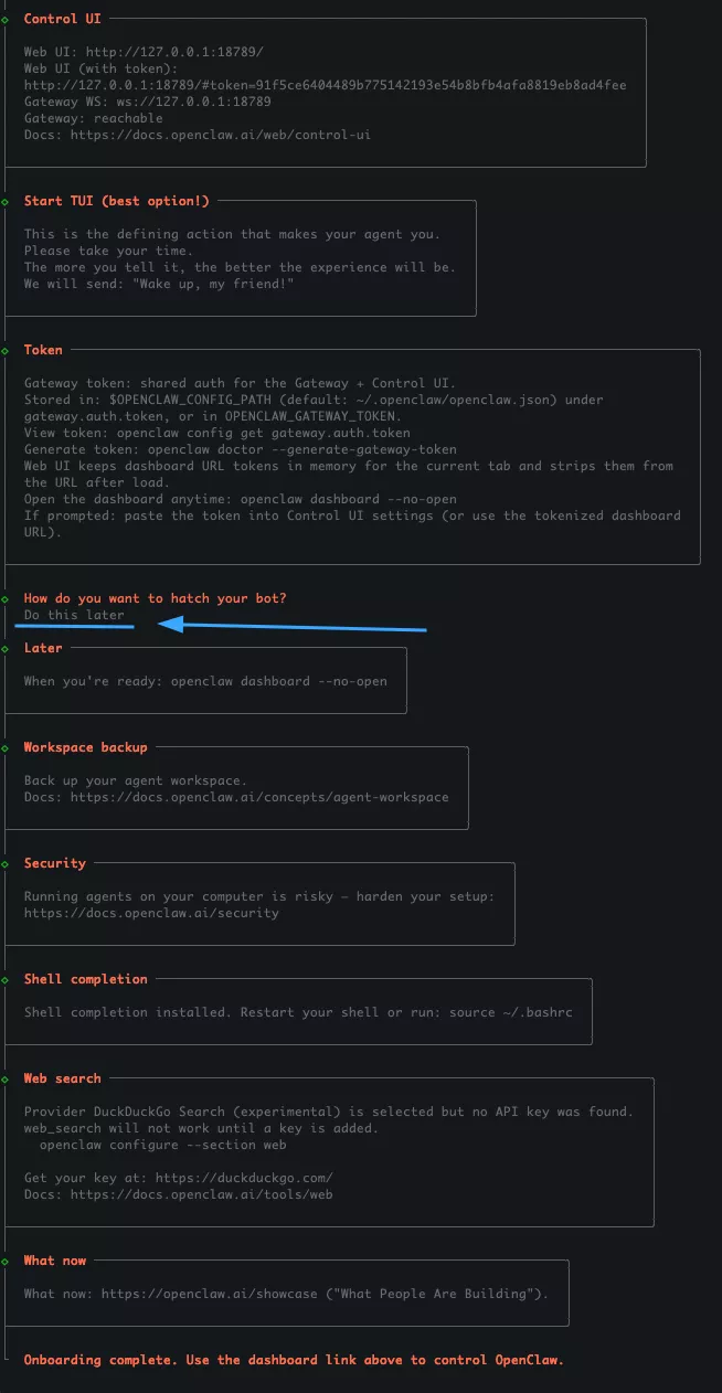Hướng dẫn kết nối OpenClaw với Telegram sử dụng Google Gemini để tạo chatbot AI 39 Chọn Do this later và đợi Openclaw hoàn tất cài đặt