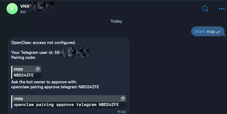 Hướng dẫn kết nối OpenClaw với Telegram sử dụng Google Gemini để tạo chatbot AI 40 Gửi một tin nhắn bất kỳ cho bot Telegram