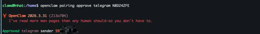 Hướng dẫn kết nối OpenClaw với Telegram sử dụng Google Gemini để tạo chatbot AI 41 Cấp quyền cho người dùng Telegram