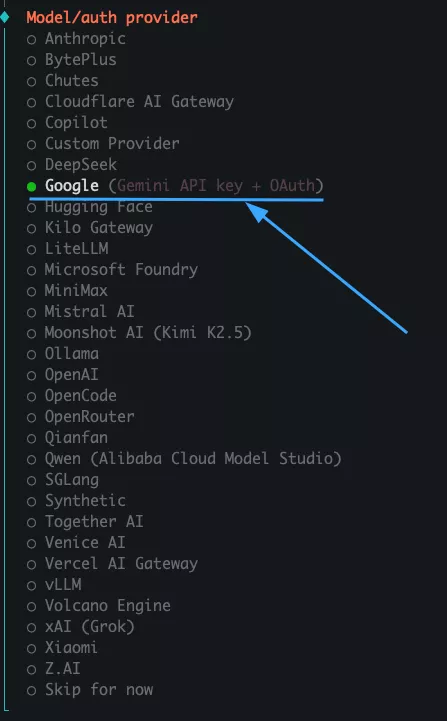 Hướng dẫn kết nối OpenClaw với Telegram sử dụng Google Gemini để tạo chatbot AI 31 Tại Model/auth provider chọn Google