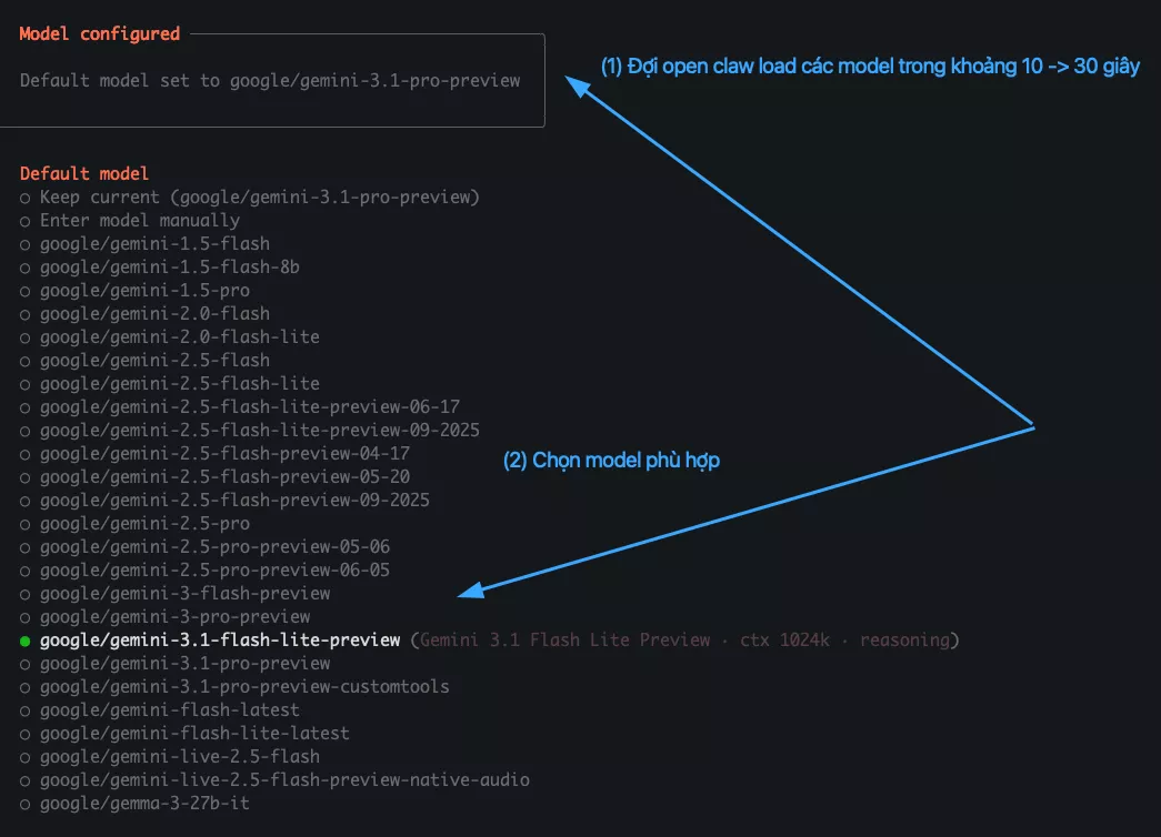 Hướng dẫn kết nối OpenClaw với Telegram sử dụng Google Gemini để tạo chatbot AI 33 Cấu hình Model configured