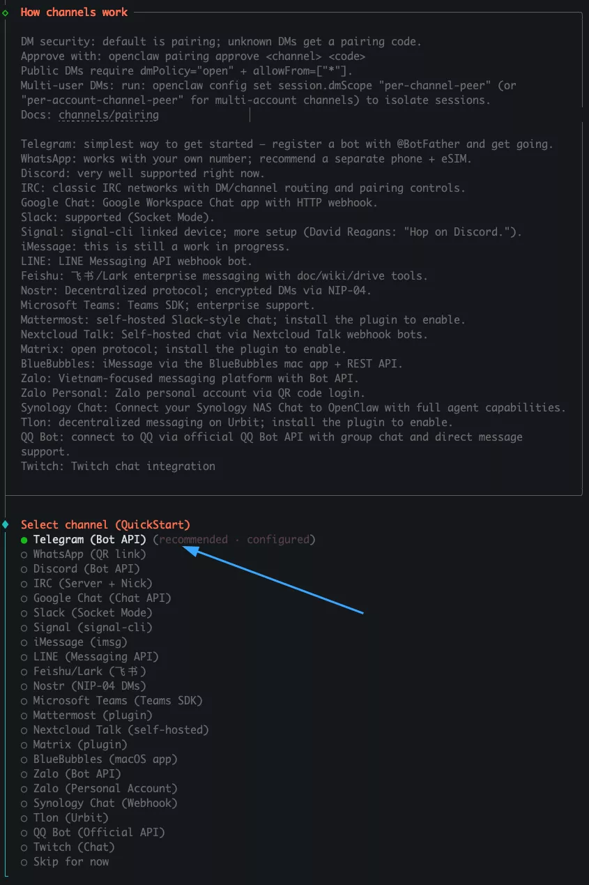 Hướng dẫn kết nối OpenClaw với Telegram sử dụng Google Gemini để tạo chatbot AI 35 Chọn Telegram (Bot API) từ các channel được hỗ trợ