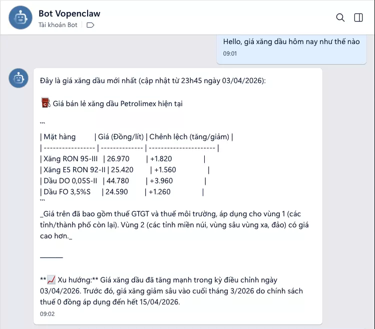 Hướng dẫn tạo Chatbot AI Zalo miễn phí với OpenClaw và Ollama (Kimi 2.5) 38 Bot đã được kích hoạt và bắt đầu phản hồi câu hỏi