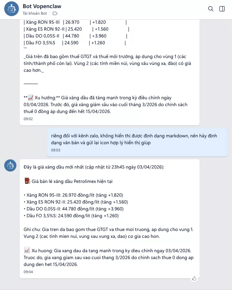 Hướng dẫn tạo Chatbot AI Zalo miễn phí với OpenClaw và Ollama (Kimi 2.5) 39 Bot đã được kích hoạt và bắt đầu phản hồi câu hỏi