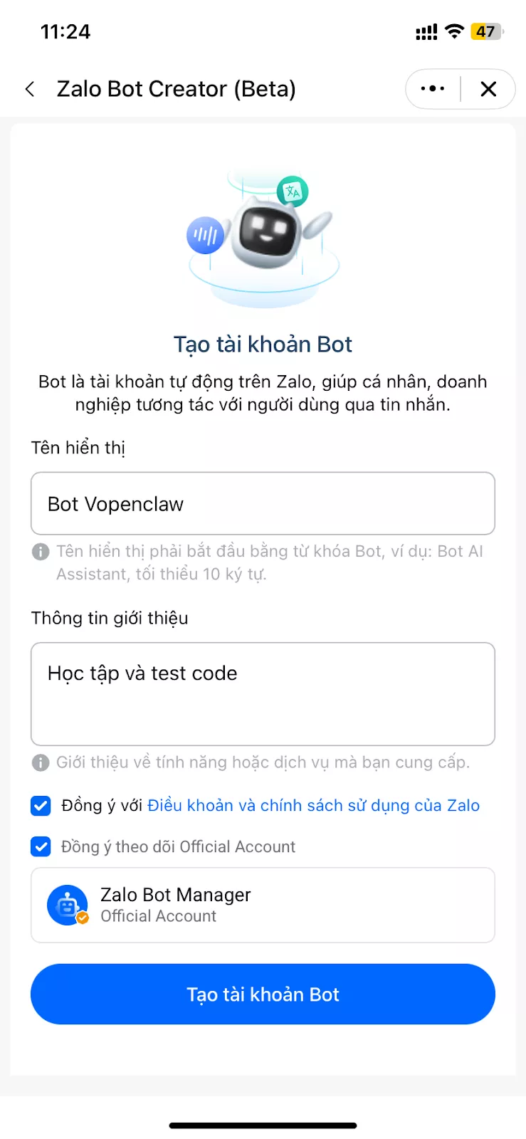 Hướng dẫn tạo Chatbot AI Zalo miễn phí với OpenClaw và Ollama (Kimi 2.5) 26 Nhập các thông tin