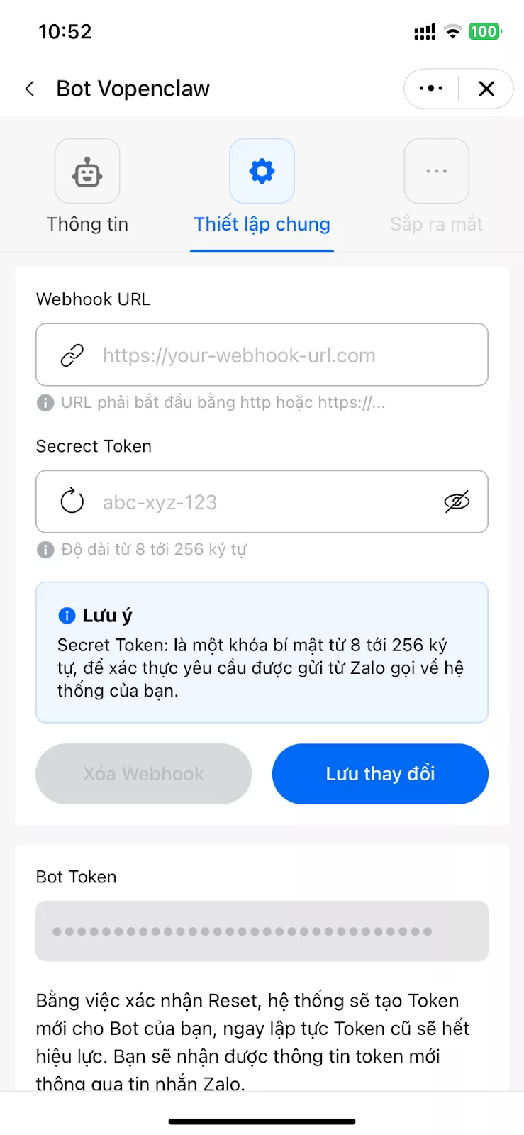 Hướng dẫn tạo Chatbot AI Zalo miễn phí với OpenClaw và Ollama (Kimi 2.5) 28 Giao diện cài đặt Webhook URL của chatbot