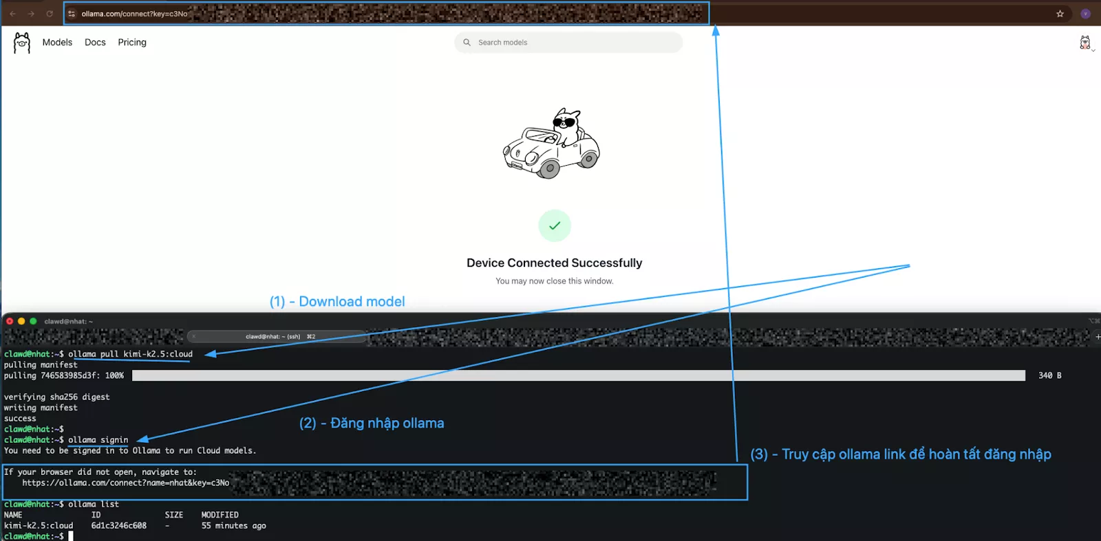 Hướng dẫn tạo Chatbot AI Zalo miễn phí với OpenClaw và Ollama (Kimi 2.5) 31 Đăng nhập Ollama
